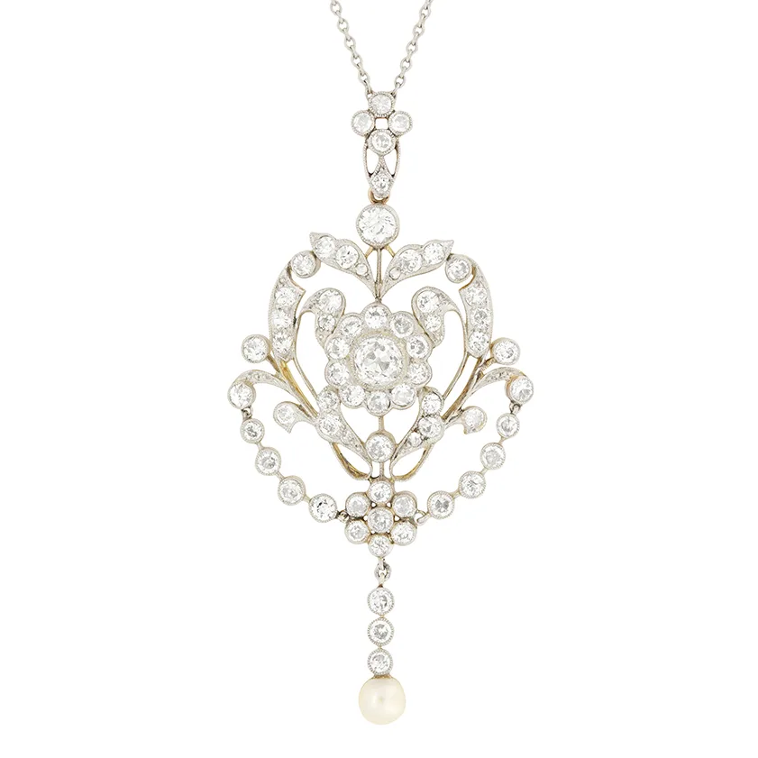 Edwardian 5.50ct Diamond, Pearl Necklace & Brooch, c.1910s