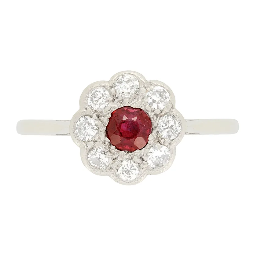 Late Deco 0.25ct Ruby and Diamond Daisy Cluster Ring, c.1940s