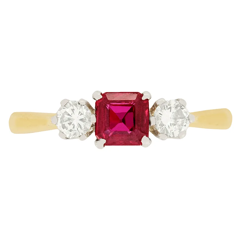 Art Deco 0.50ct Ruby and Diamond Three Stone Ring, c.1930s