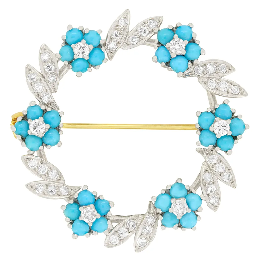 Vintage Turquoise and Diamond Brooch, c.1970s