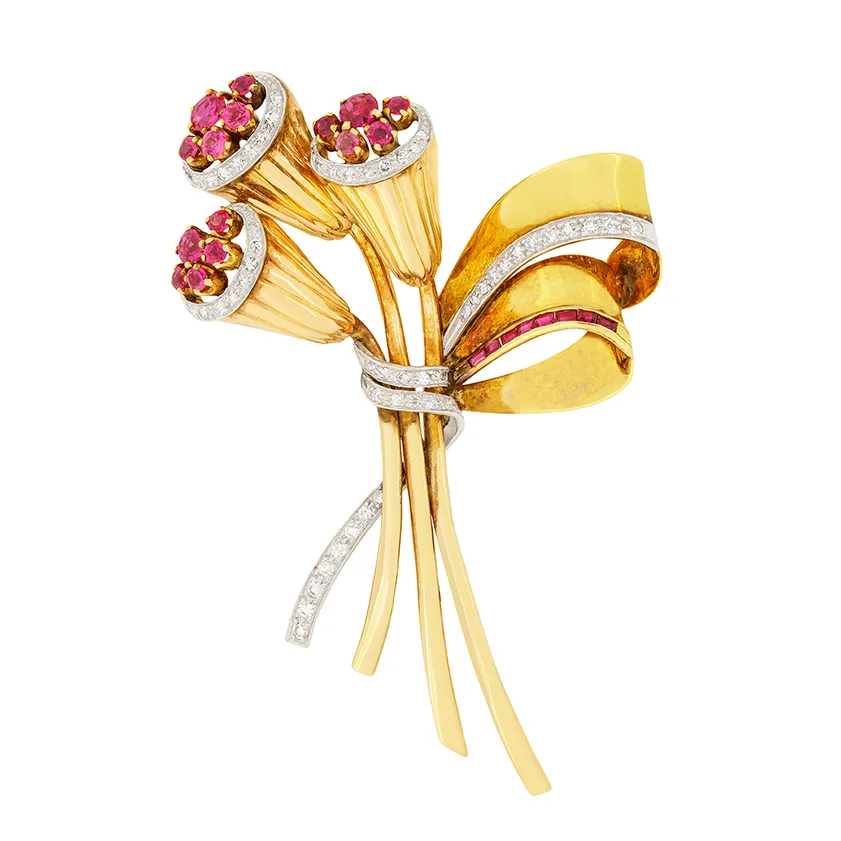 Late Deco 1.80ct Ruby and Diamond Flower Brooch, c.1940s