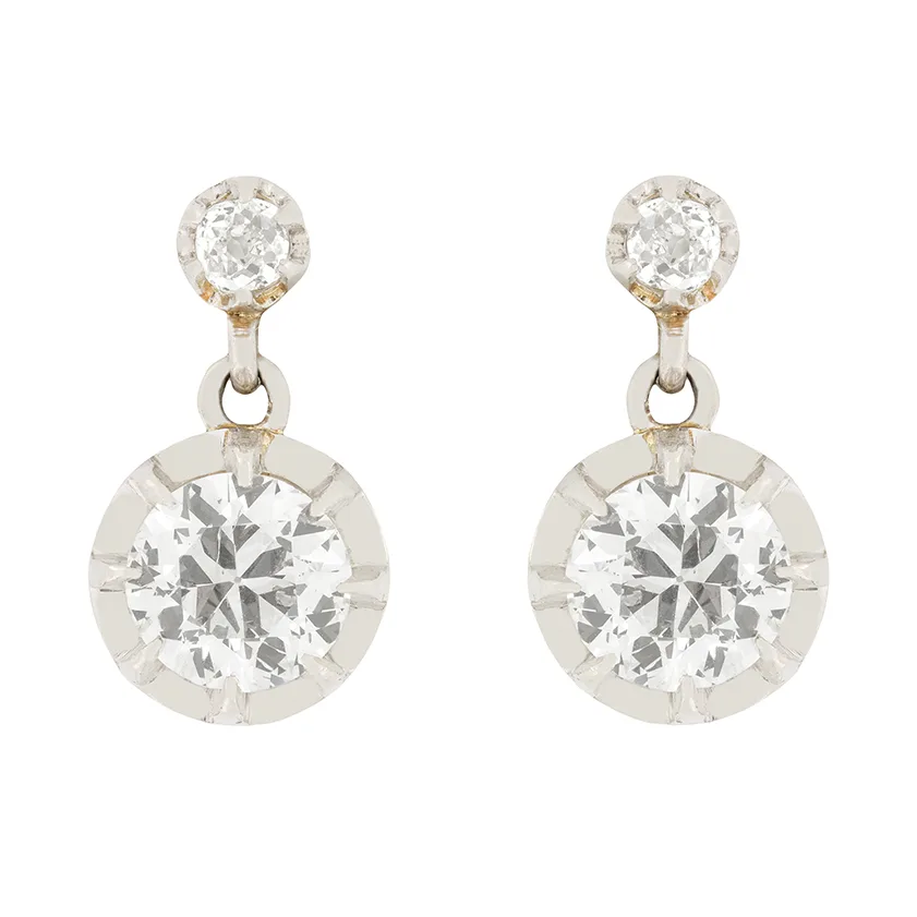 French 2.00ct Old Cut Diamond Earrings, c.1910s