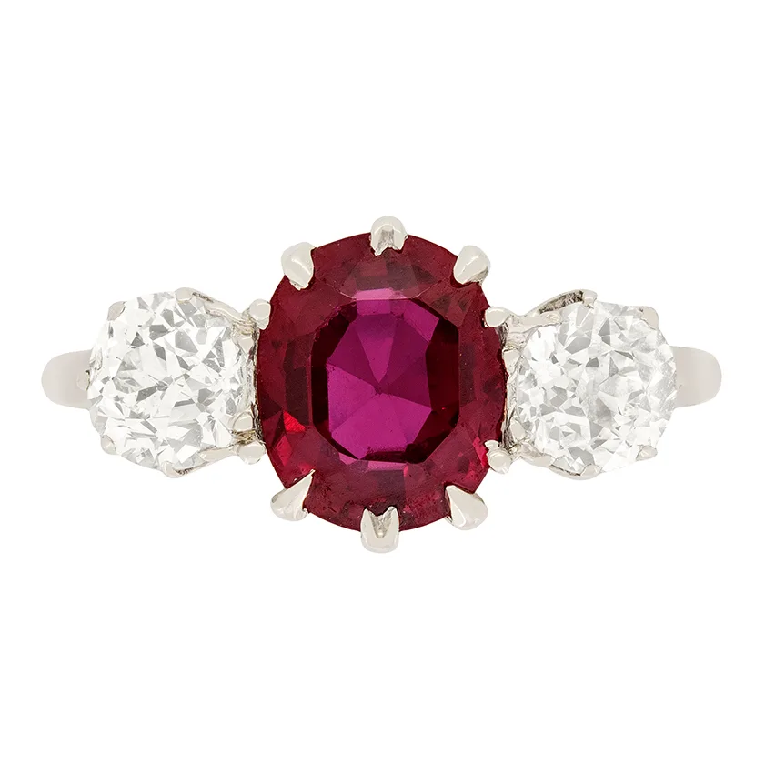 Art Deco 2ct Ruby and Diamond Three Stone Ring, c.1920s