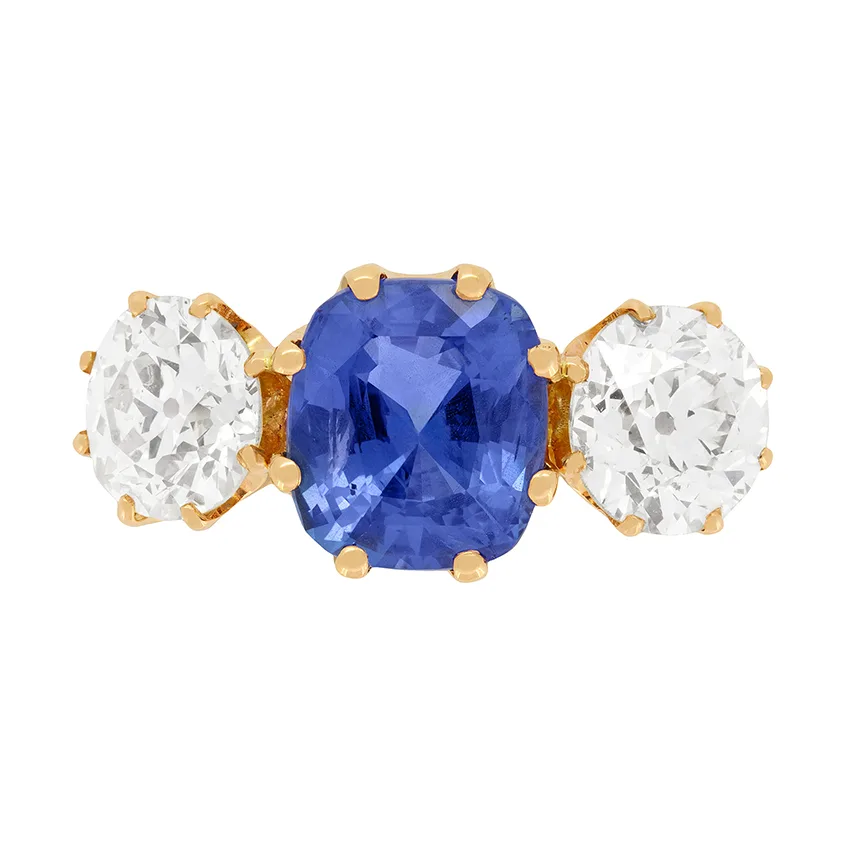 Victorian 3.26 Sapphire and Diamond Three Stone Ring c.1900s