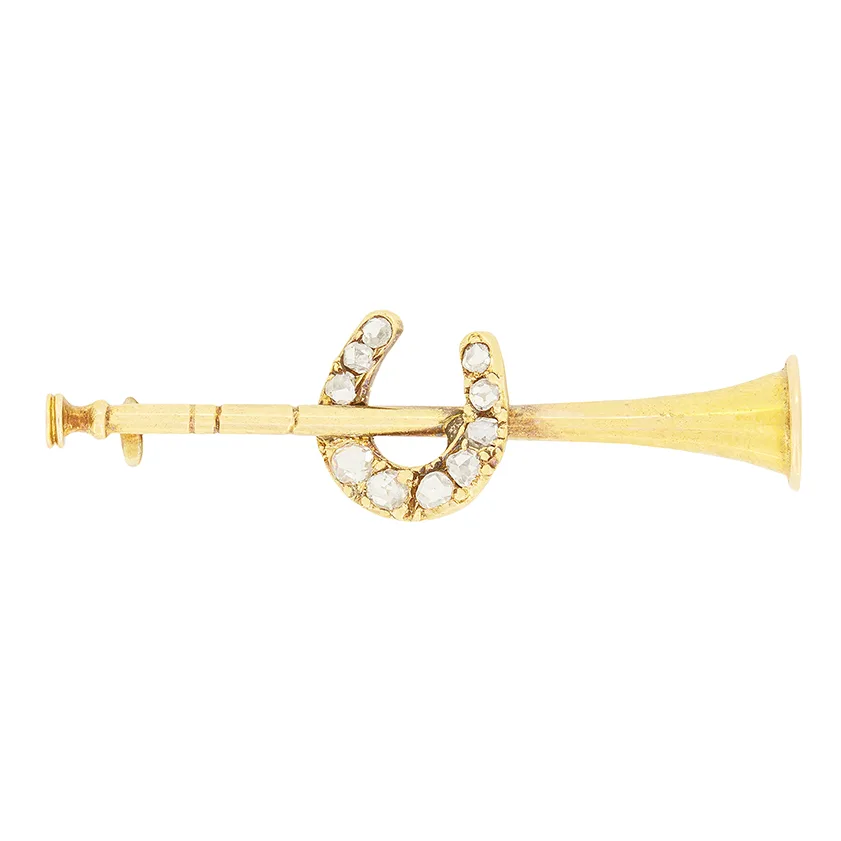 Victorian 0.14ct Diamond Horn and Horse Shoe Brooch, c.1880s