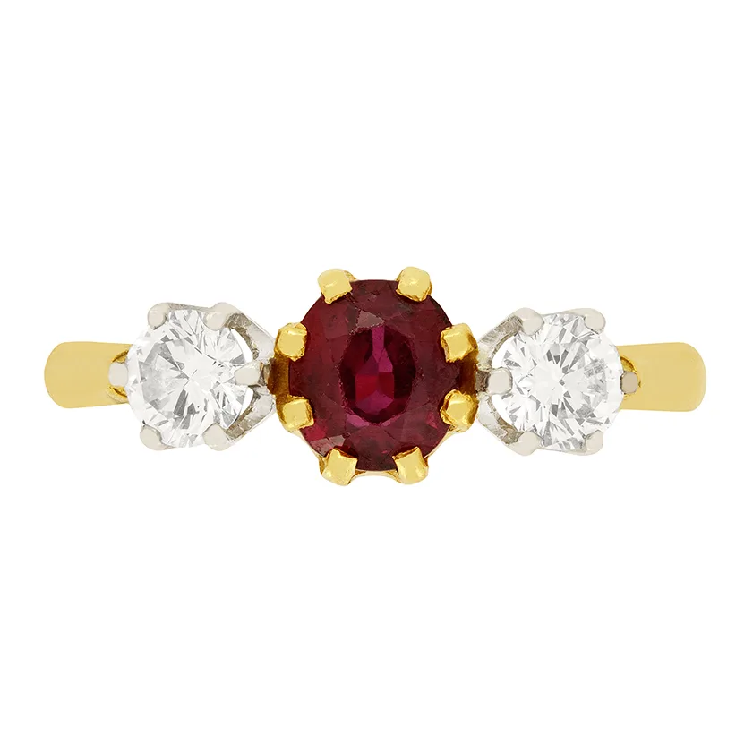 Vintage 0.50ct Ruby and Diamond Three Stone Ring, c.1980s