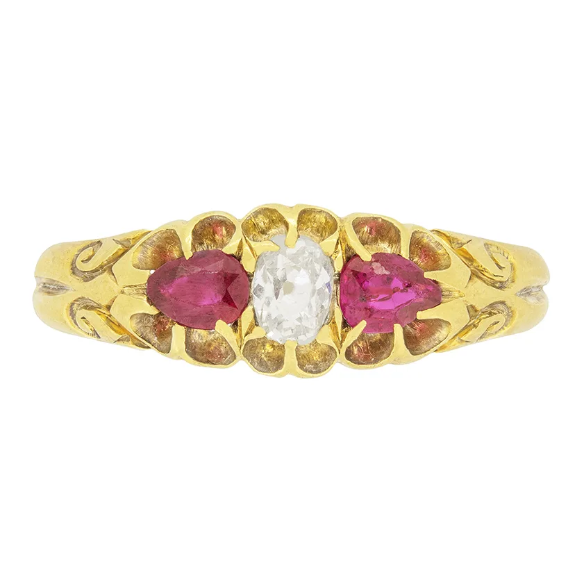 Victorian 0.30ct Diamond and Ruby Three Stone Ring, c.1880s