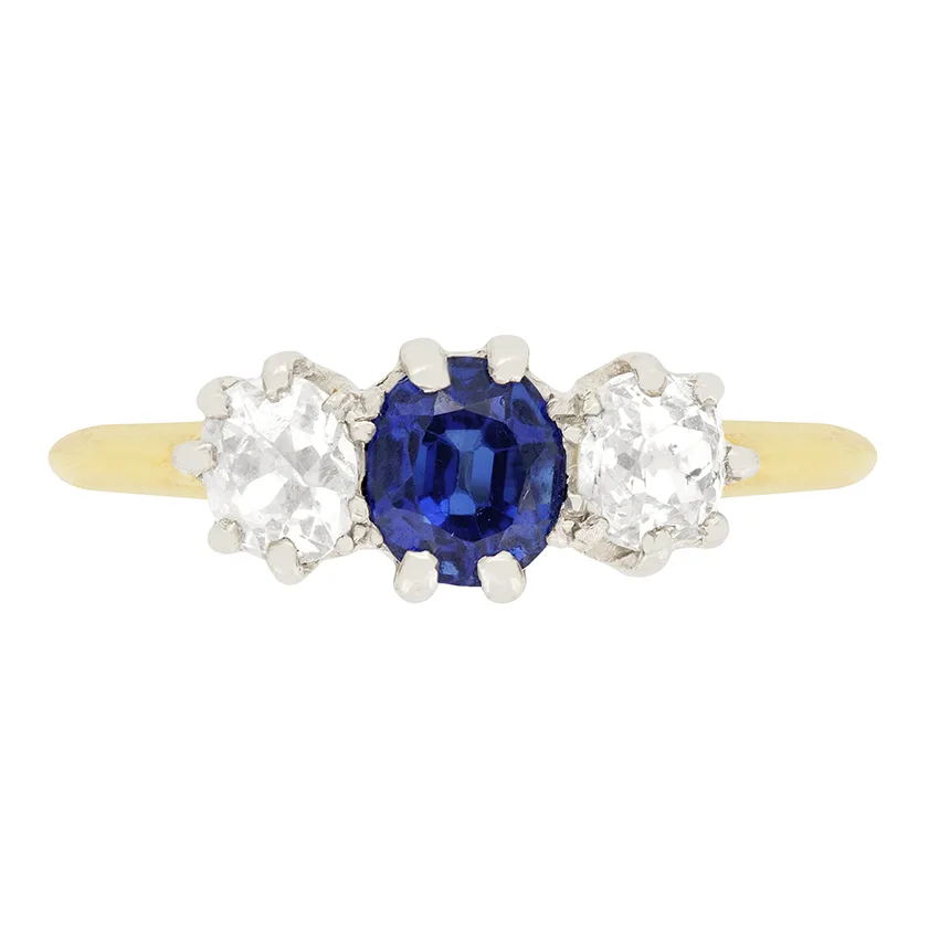 Edwardian 0.50ct Sapphire and Diamond Three Stone Ring, c.1910s