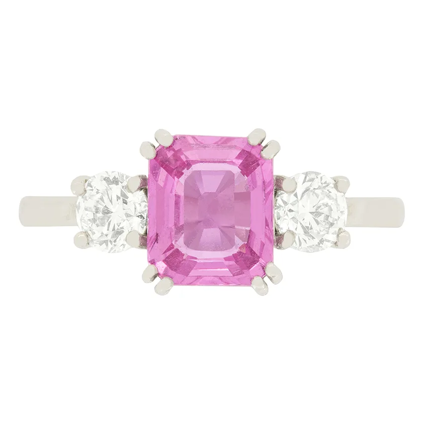 Vintage 1.42ct Pink Sapphire and Diamond Three Stone Ring, c.1970s