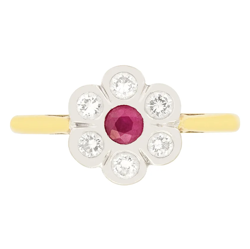 Vintage 0.20ct Ruby and Diamond Cluster Ring, c.1970s