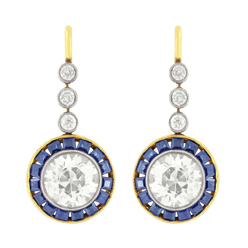 Vintage 4.20ct Diamond and Sapphire Drop Earrings, c.1950s