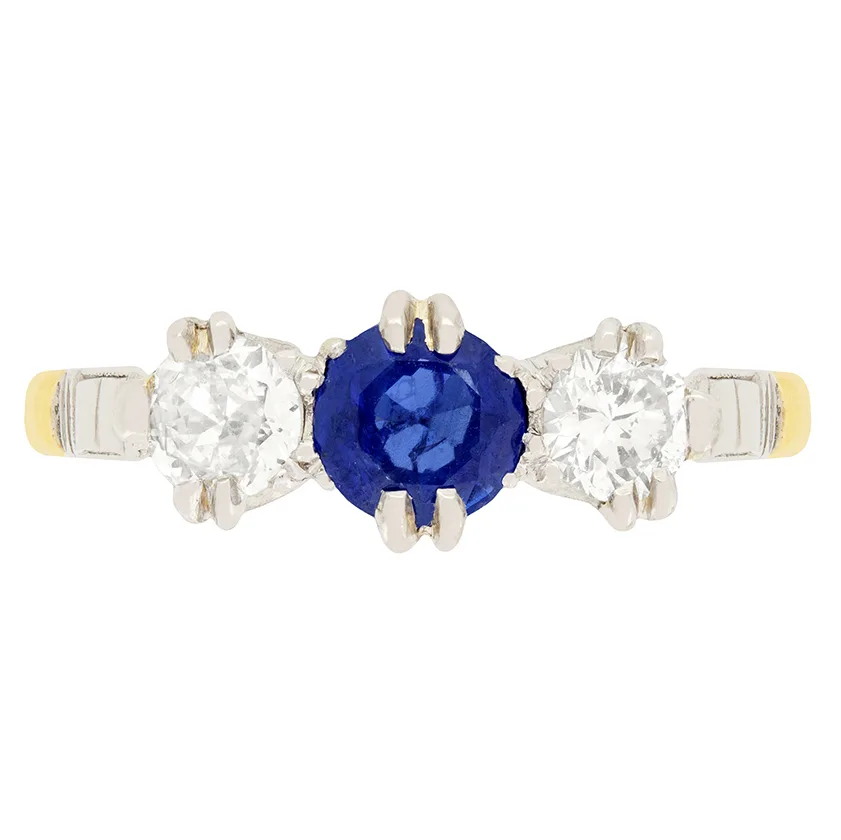Late Art Deco Sapphire and Diamond Three Stone Ring, c.1930s