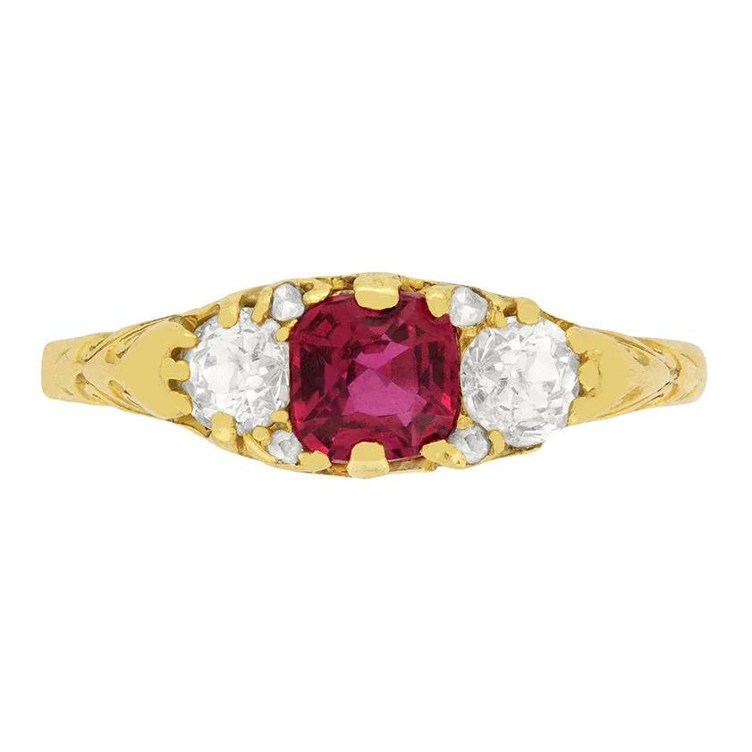 Victorian 0.65ct Red Spinel and Diamond Three Stone Ring, c.1880s