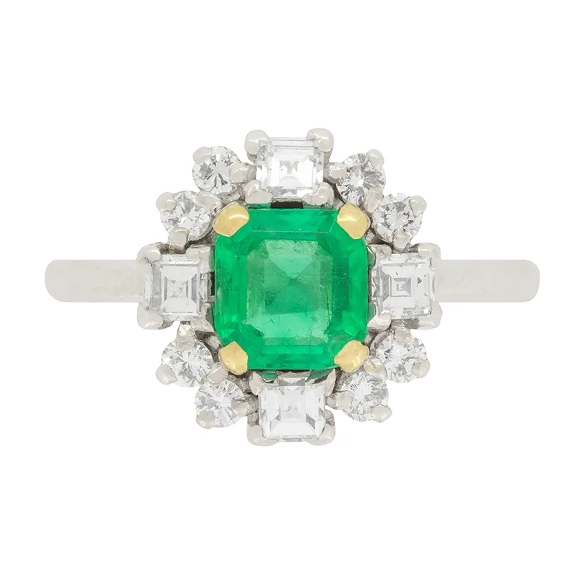 Vintage 1.10ct Emerald and Diamond Cluster Ring, c.1960s