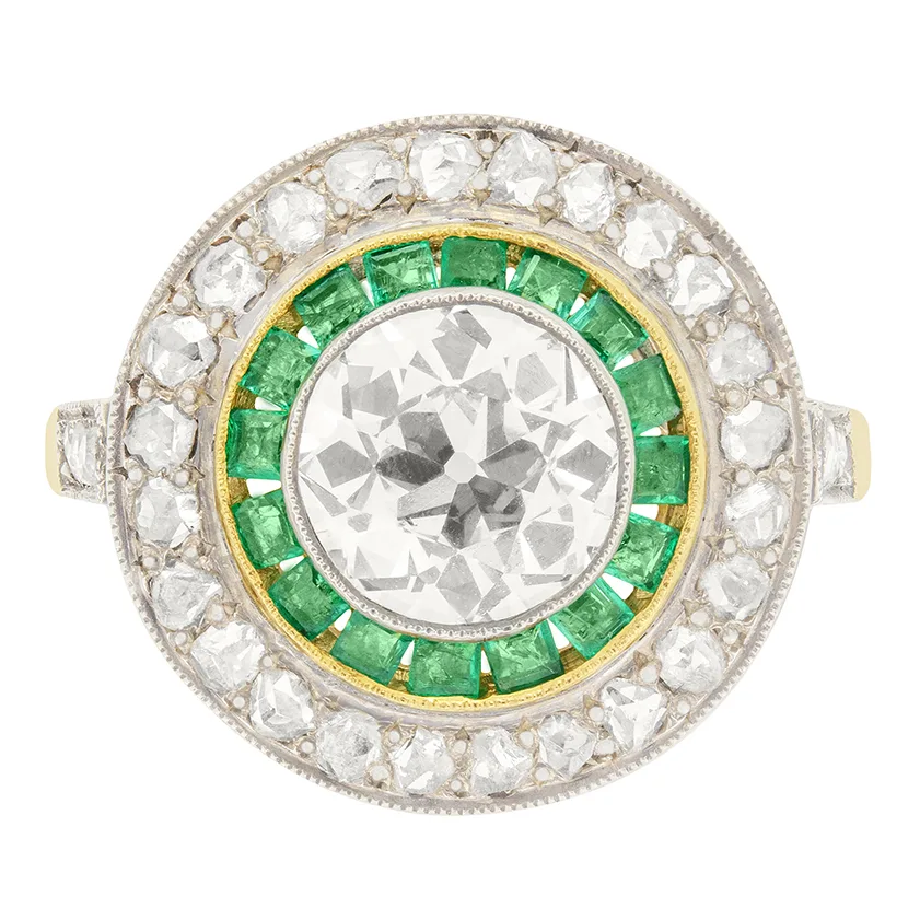 Vintage 1.70ct Diamond and Emerald Target Ring, c.1950s