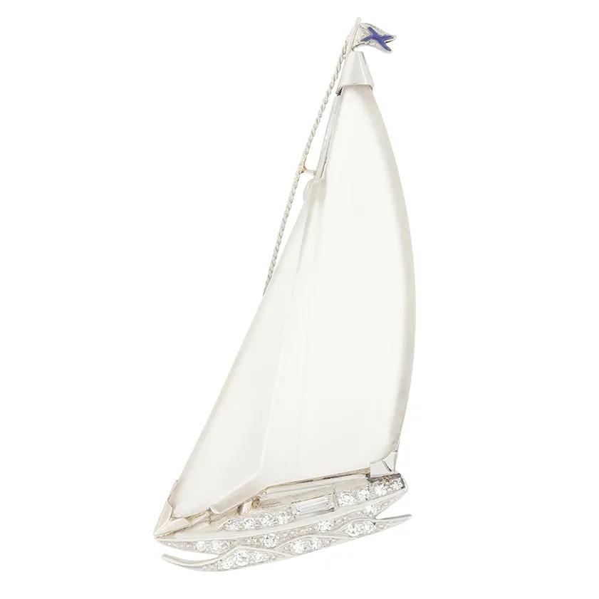 Late Deco 0.37ct Diamond and Crystal Boat Brooch, c.1930s