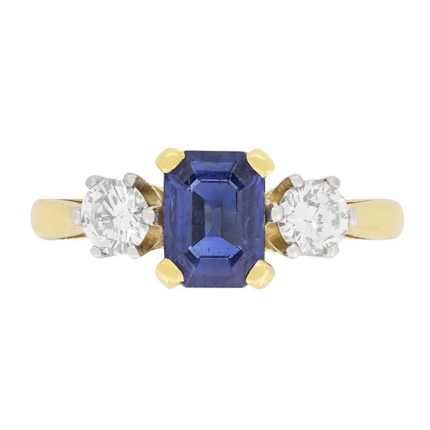 Vintage 0.90ct Sapphire and Diamond Three Stone Ring, c.1970s
