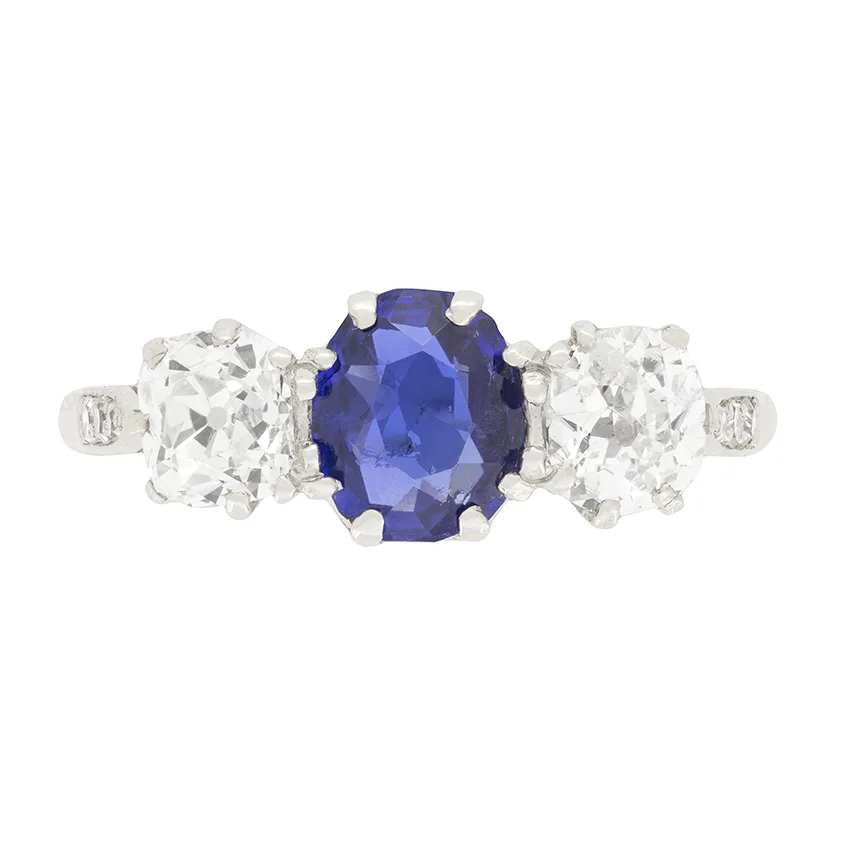 Art Deco 1.10ct Sapphire and Diamond Three Stone Ring, c.1920s