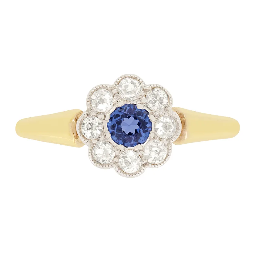 Edwardian 0.25ct Sapphire and Diamond Daisy Cluster Ring, c.1910s