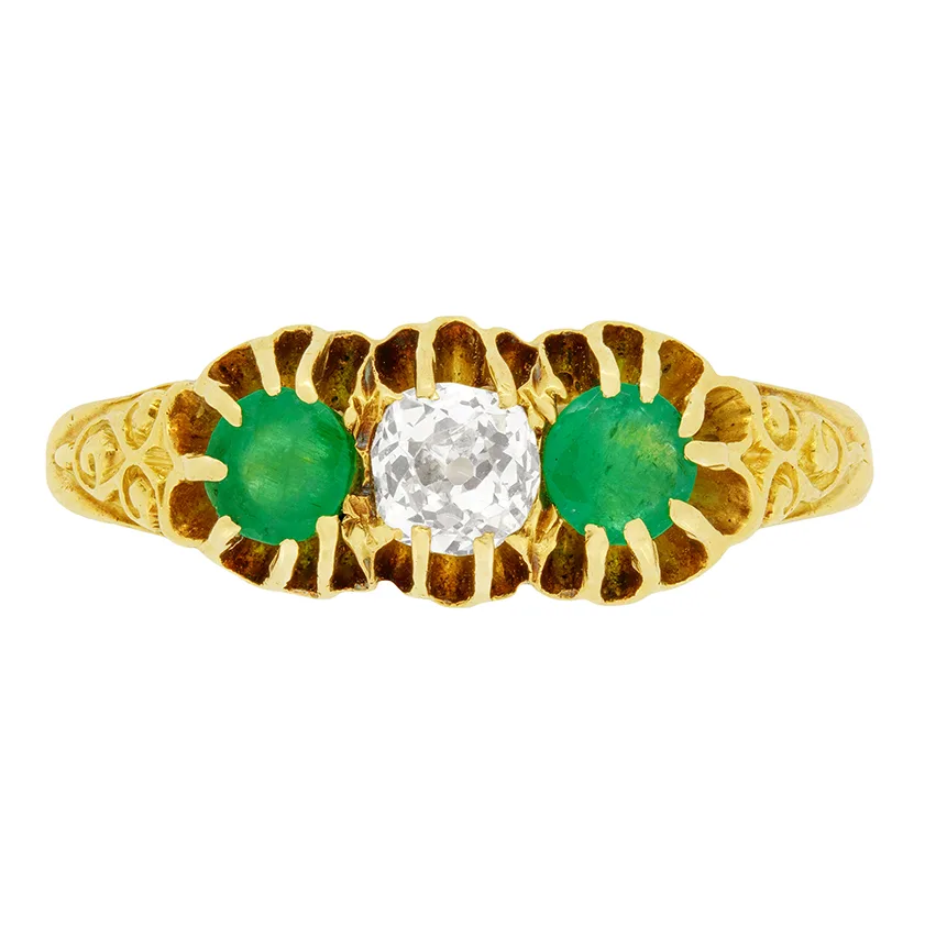 Victorian 0.35ct Diamond and Emerald Three Stone Ring, c.1880s