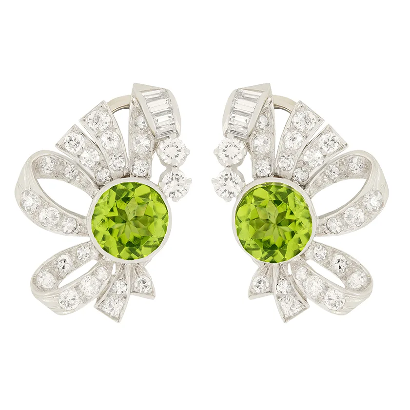 Late Deco 3.00ct Peridot and Diamond Earrings, c.1940s