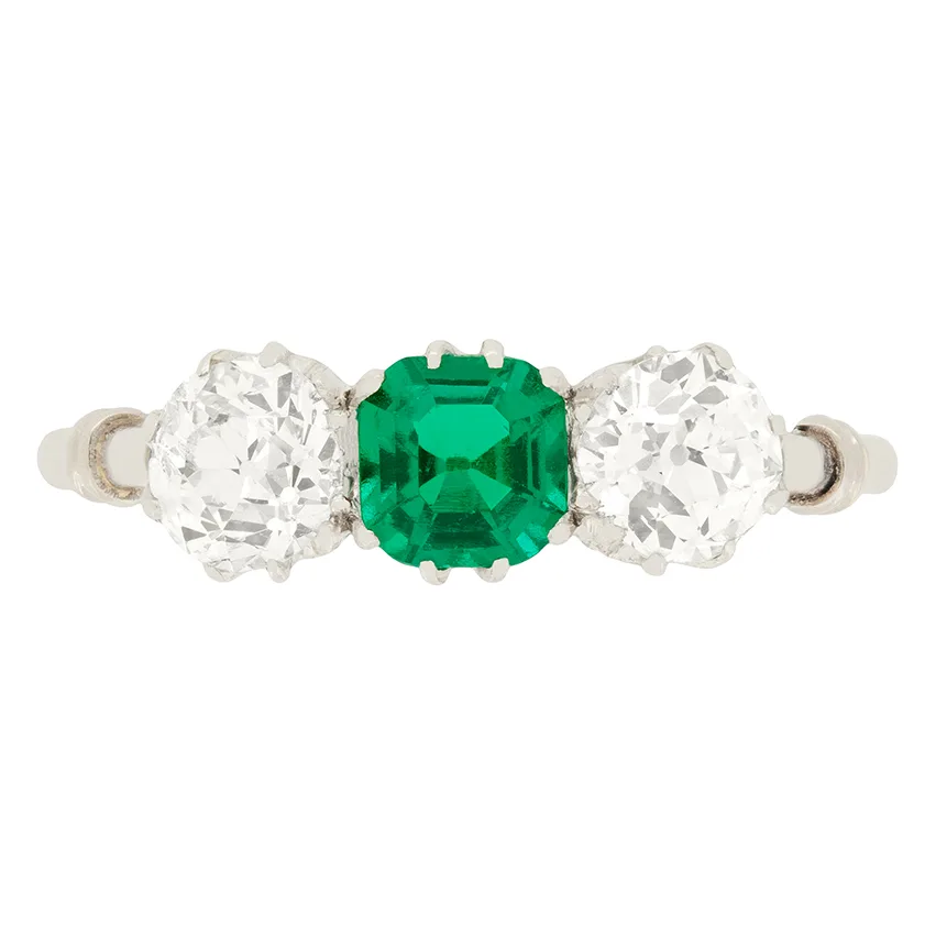 Art Deco 0.60ct Emerald and Diamond Three Stone Ring, c.1920s