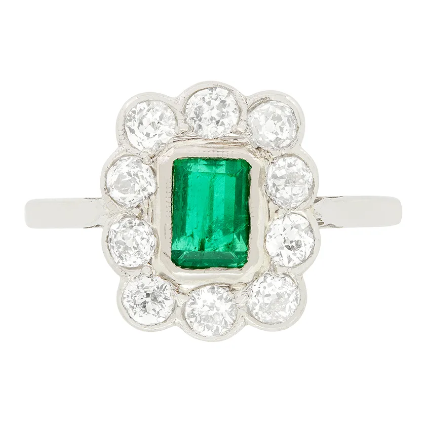 Art Deco 0.65ct Emerald and Diamond Cluster Ring, c.1920s