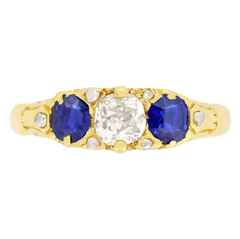 Victorian 0.40ct Sapphire and Diamond Three Stone Ring, c.1880s