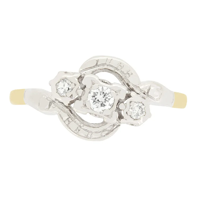 Vintage 0.25ct Diamond Three Stone Twist Ring, c.1950s