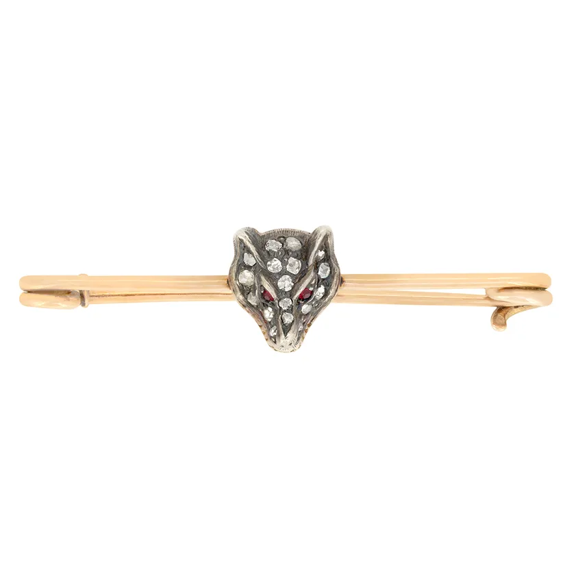 Victorian Diamond and Ruby Wolf Brooch, c.1880s