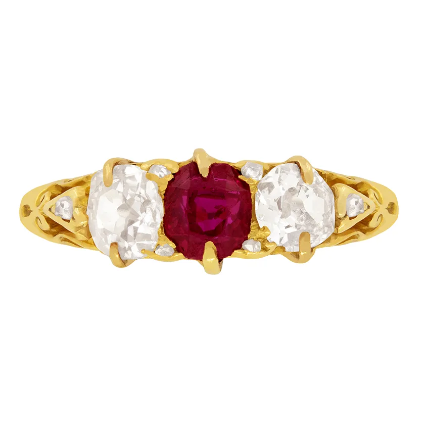Victorian 0.65ct Ruby and Diamond Three Stone Ring, c.1880s