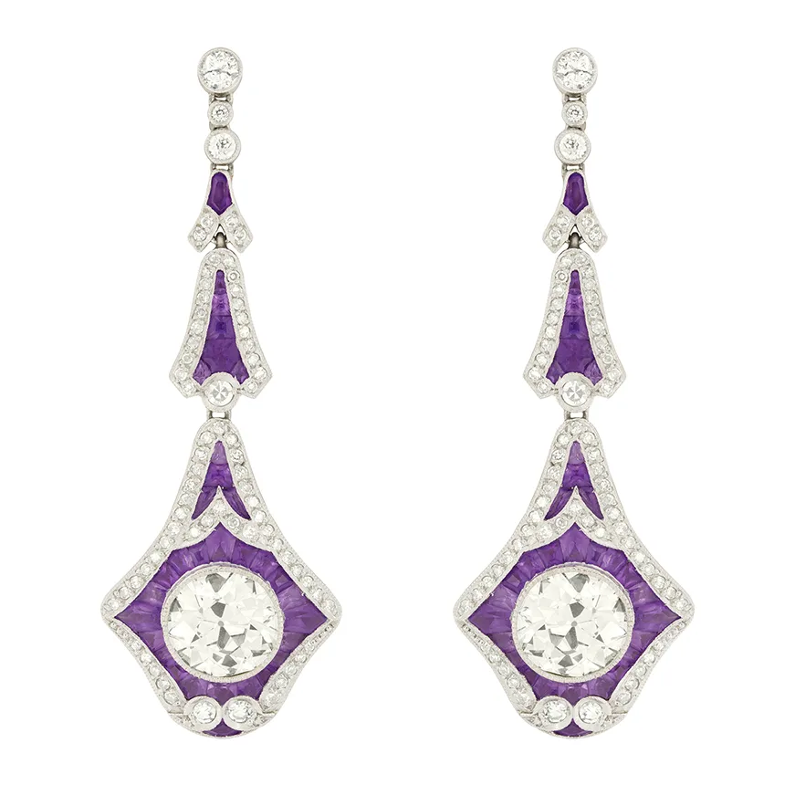 Vintage 6.00ct Diamond and Amethyst Drop Earrings, c.1950s