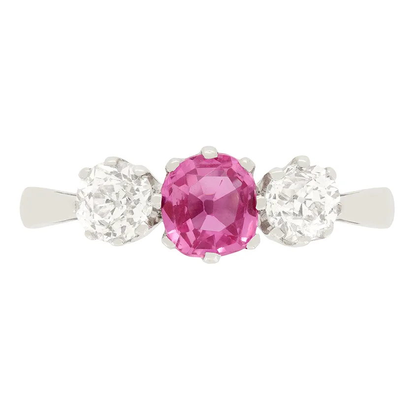 Art Deco Pink Sapphire and Diamond Three Stone Ring, c.1920s