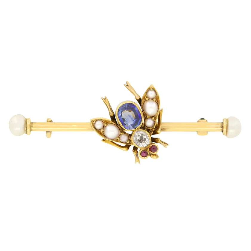 Victorian 0.50ct Sapphire, Diamond and Pearl Bug Brooch, c.1880s