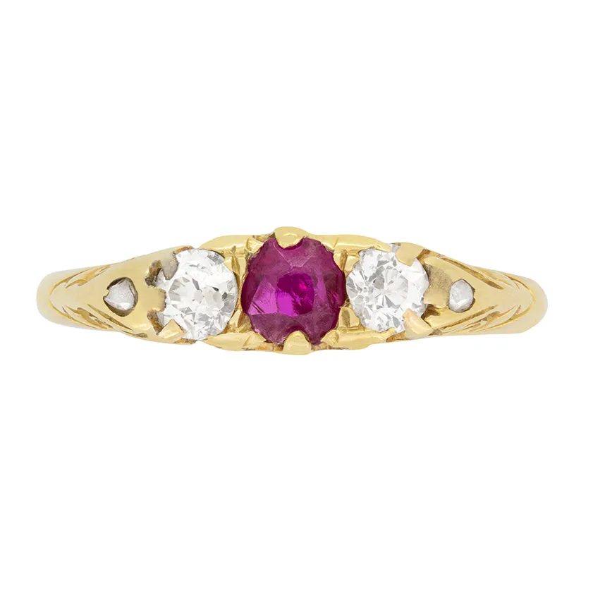 Victorian 0.20ct Ruby and Diamond Three Stone Ring, c.1880s