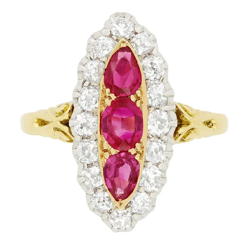 Victorian 0.90ct Pink Sapphire and Diamond Boat ring, c.1880s