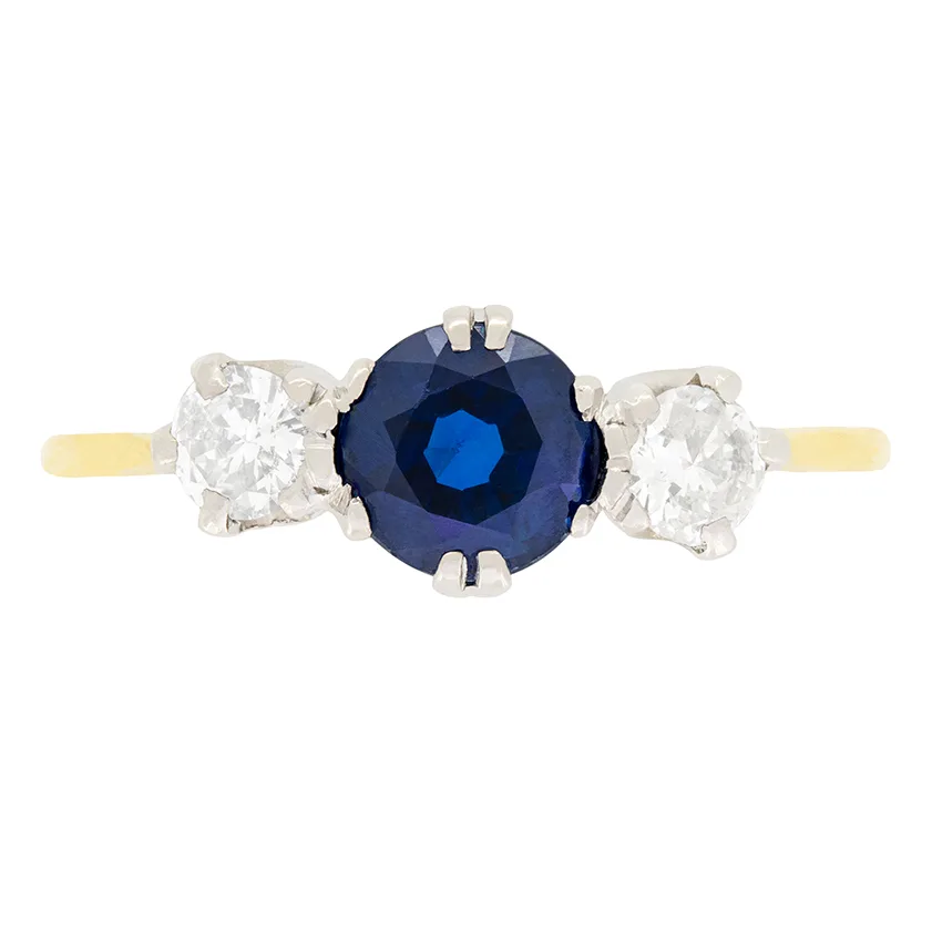Vintage 1.10ct Sapphire and Diamond Trilogy Ring, c.1940s