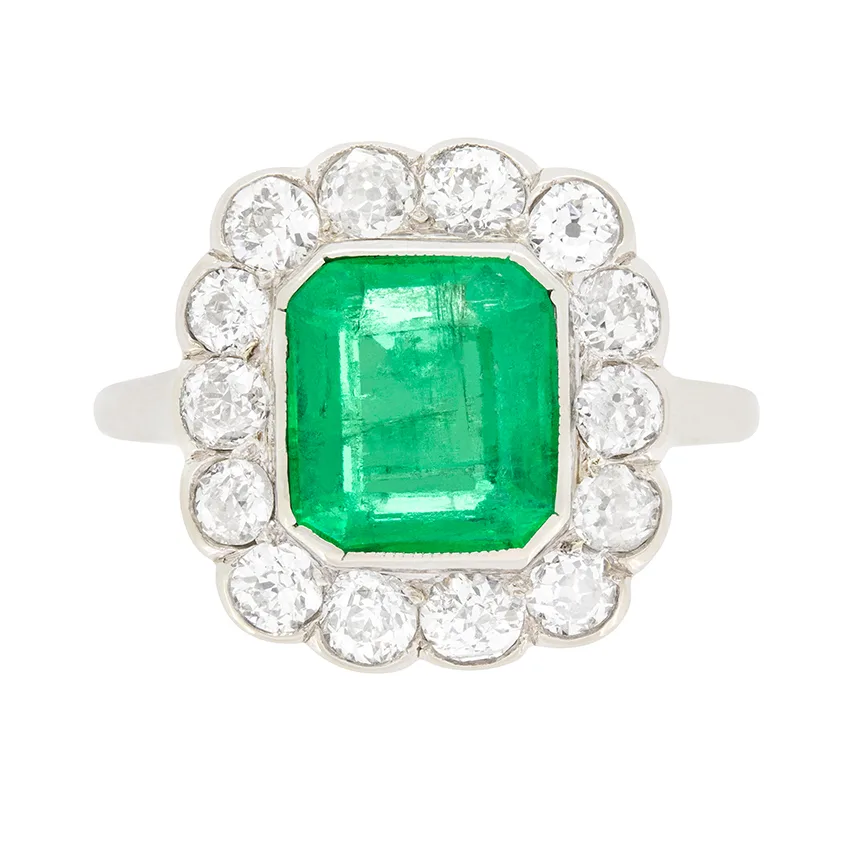 Art Deco 1.80ct Emerald and Diamond Halo Cluster Ring, c.1920s
