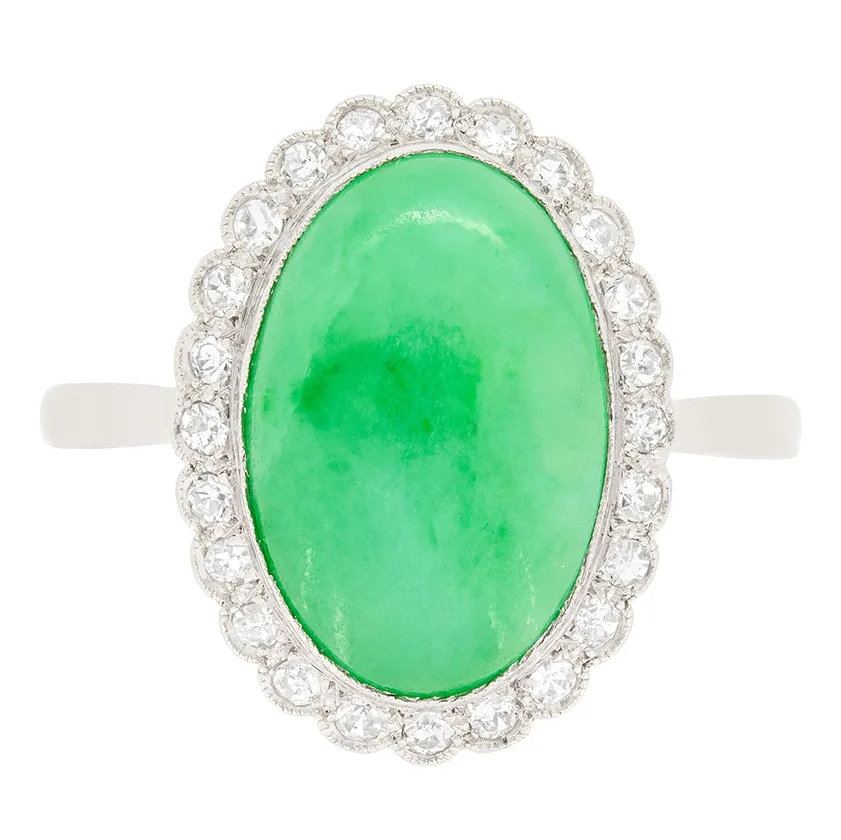 Vintage 5.00ct Jade and Diamond Halo Cluster Ring, c.1950s
