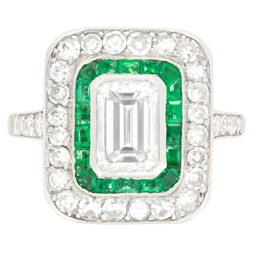 Art Deco 1.15ct Diamond and Emerald Target Ring, c.1920s