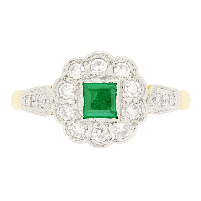 Art Deco 0.40ct Emerald and Diamond Cluster Ring, c.1930s