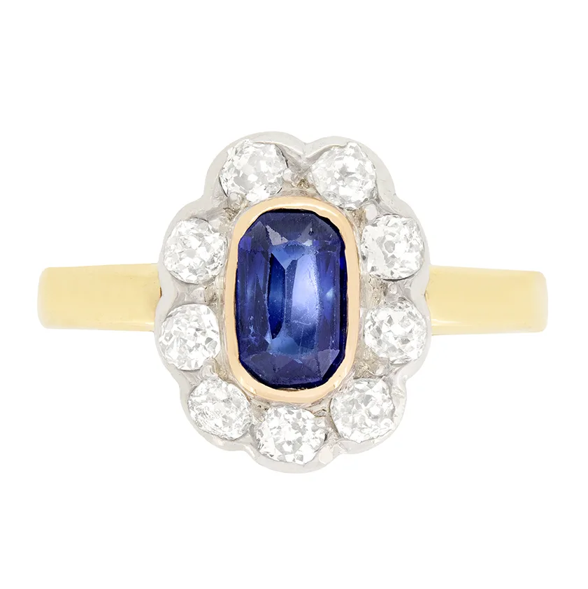 Late Victorian 0.60ct Sapphire and Diamond Cluster Ring, c.1880s