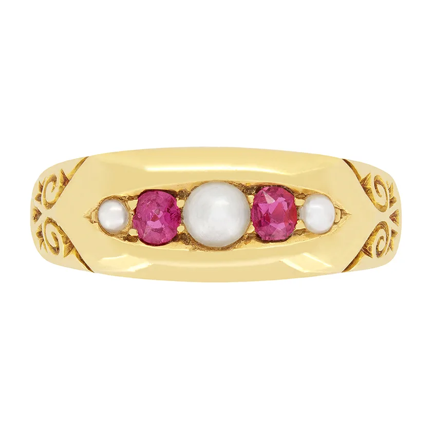 Victorian Pearl and Ruby Five Stone, hallmarked 1895