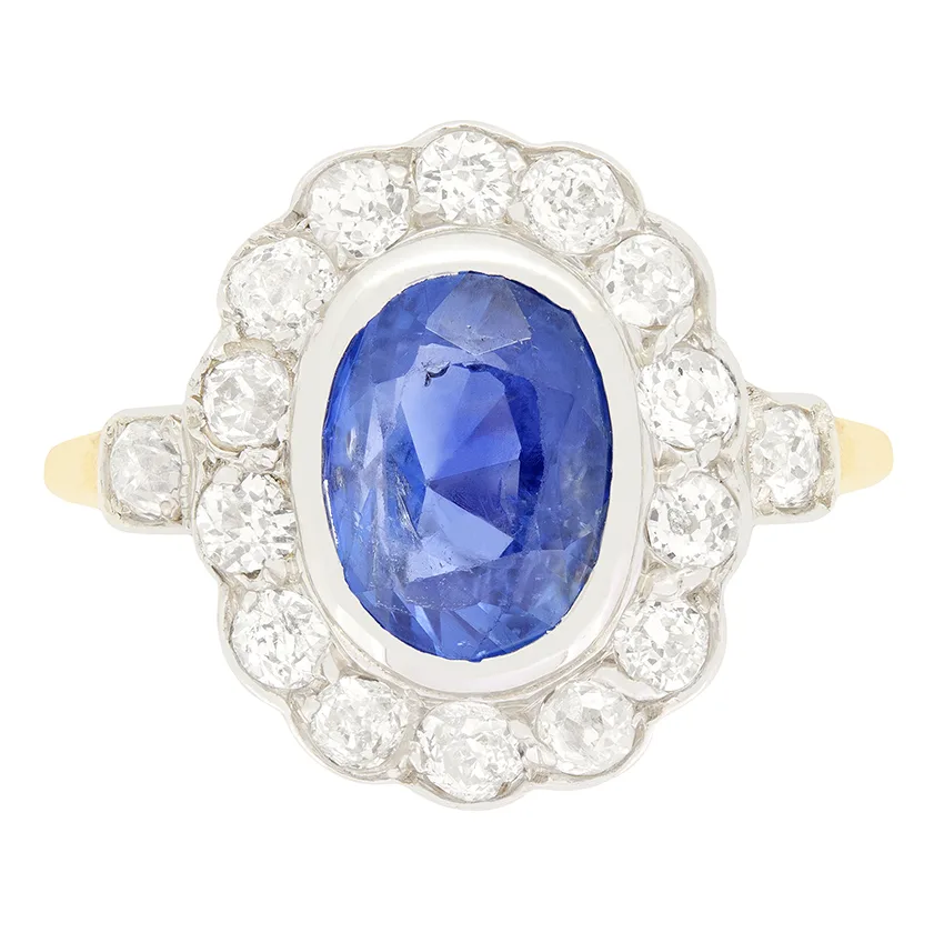 Edwardian 2.20ct Sapphire and Diamond Cluster Ring, c.1910s