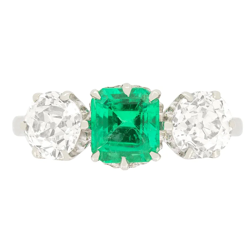 Art Deco 1.00ct Emerald and Diamond Three Stone Ring, c.1920s