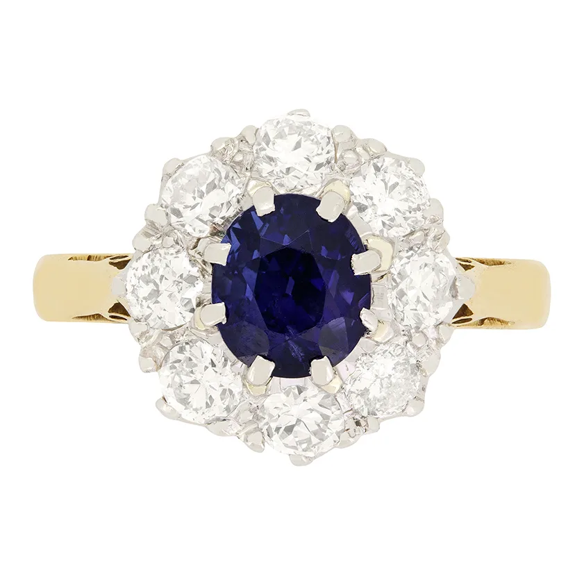 Edwardian 1.35ct Sapphire and Diamond Cluster Ring, c.1910s
