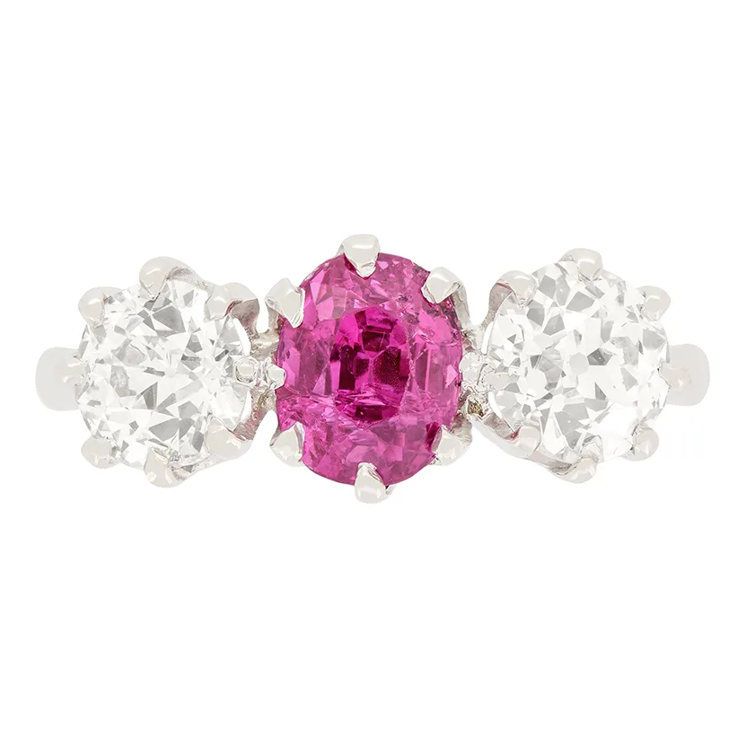 Art Deco 1.50ct Pink Sapphire and Diamond Trilogy Ring, c.1920s