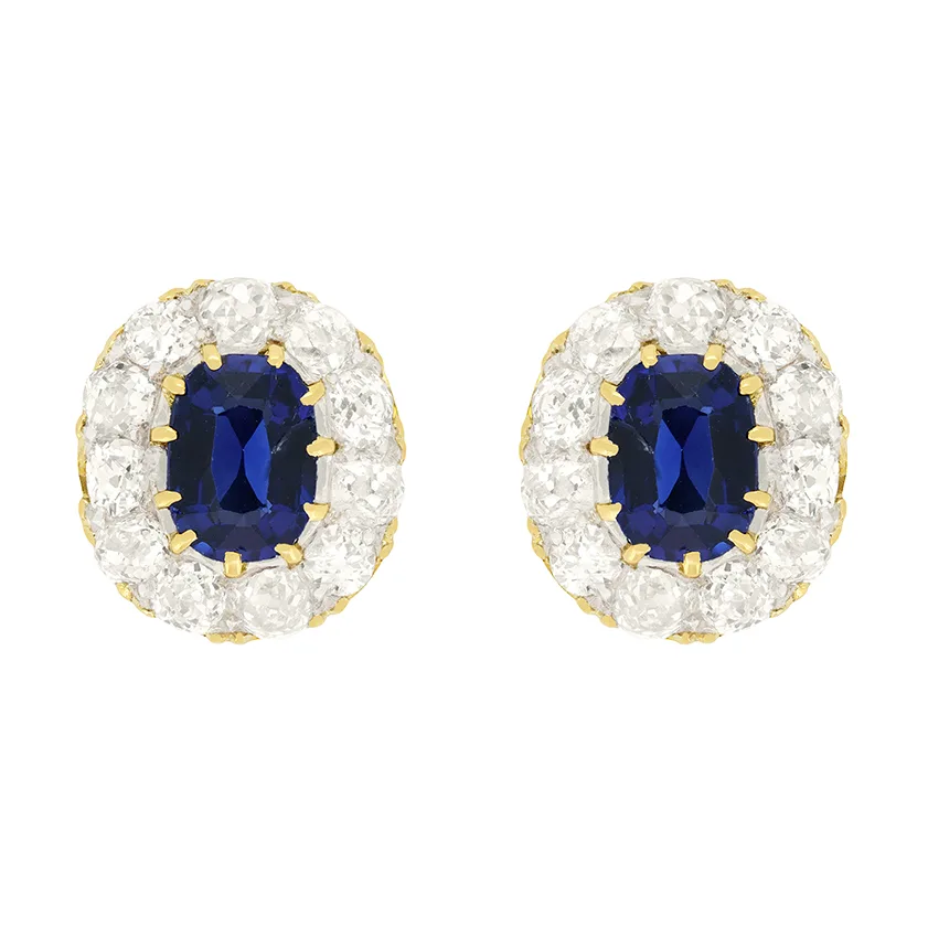Victorian 1.30ct Sapphire and Diamond Cluster Earrings, c.1880s