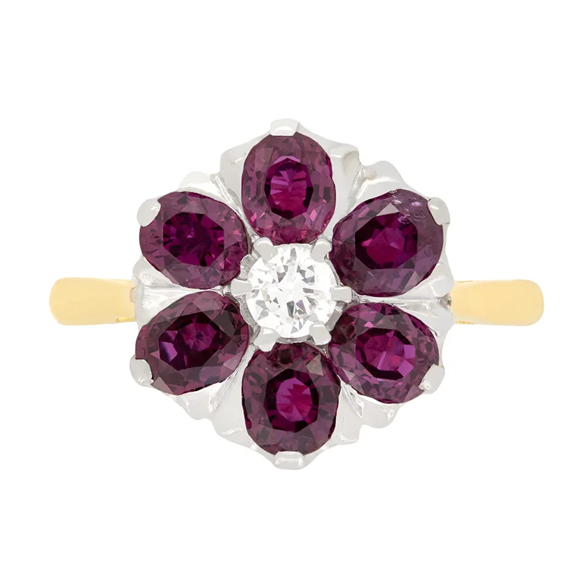 Vintage Diamond and Ruby Flower Ring, c.1950s