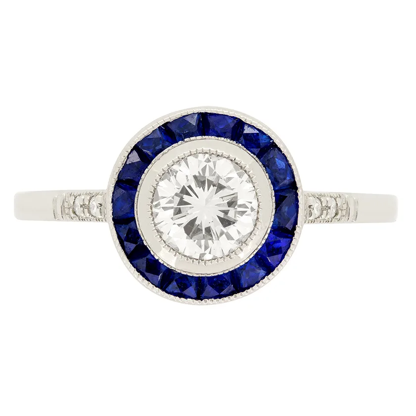 Art Deco Style 0.68ct Diamond & Sapphire Target Ring, c.1970s